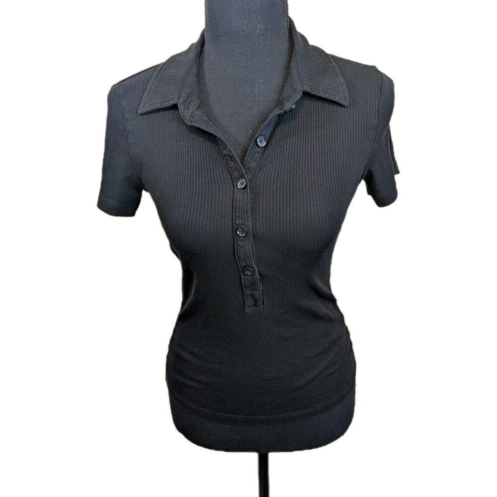 Monrow Polo Shirt Ribbed Black Stretch Supima Cotton Jersey Knit Size Small